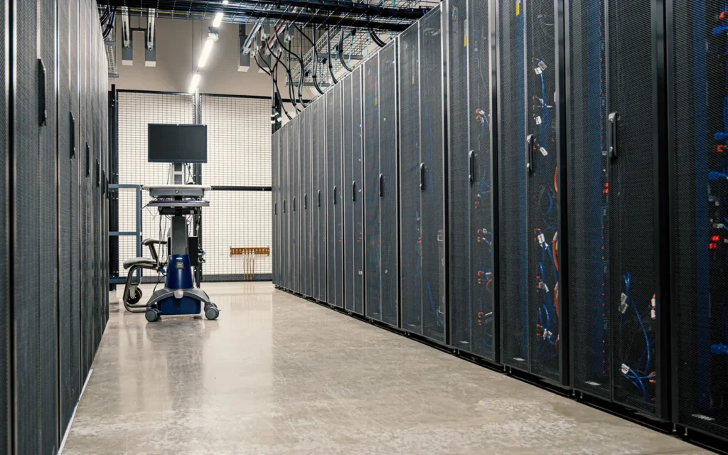Rows of web hosting servers with blue status lights in a data center