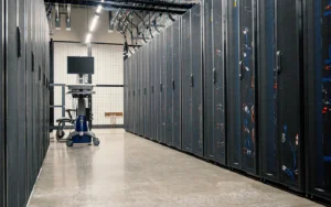 Rows of web hosting servers with blue status lights in a data center