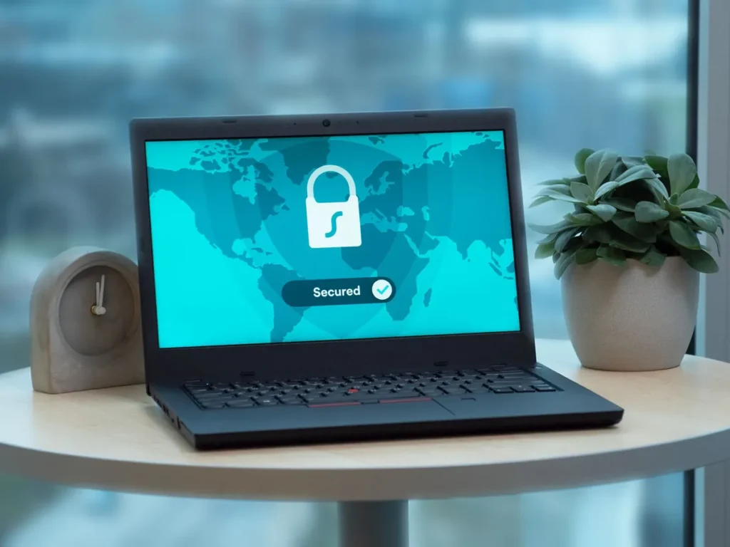 Laptop screen showing a secured padlock icon for safe login
